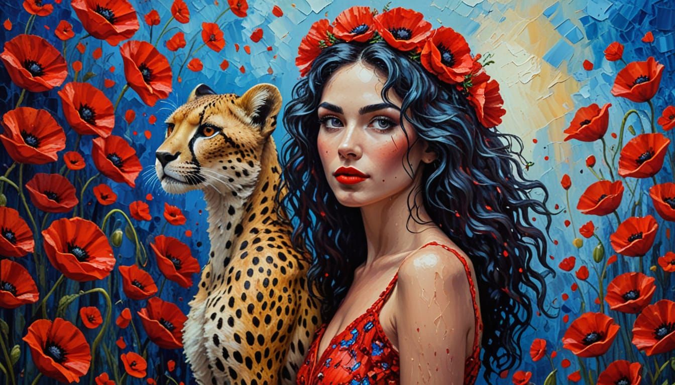 Woman and Cheetah in Vibrant Impasto Oil Painting