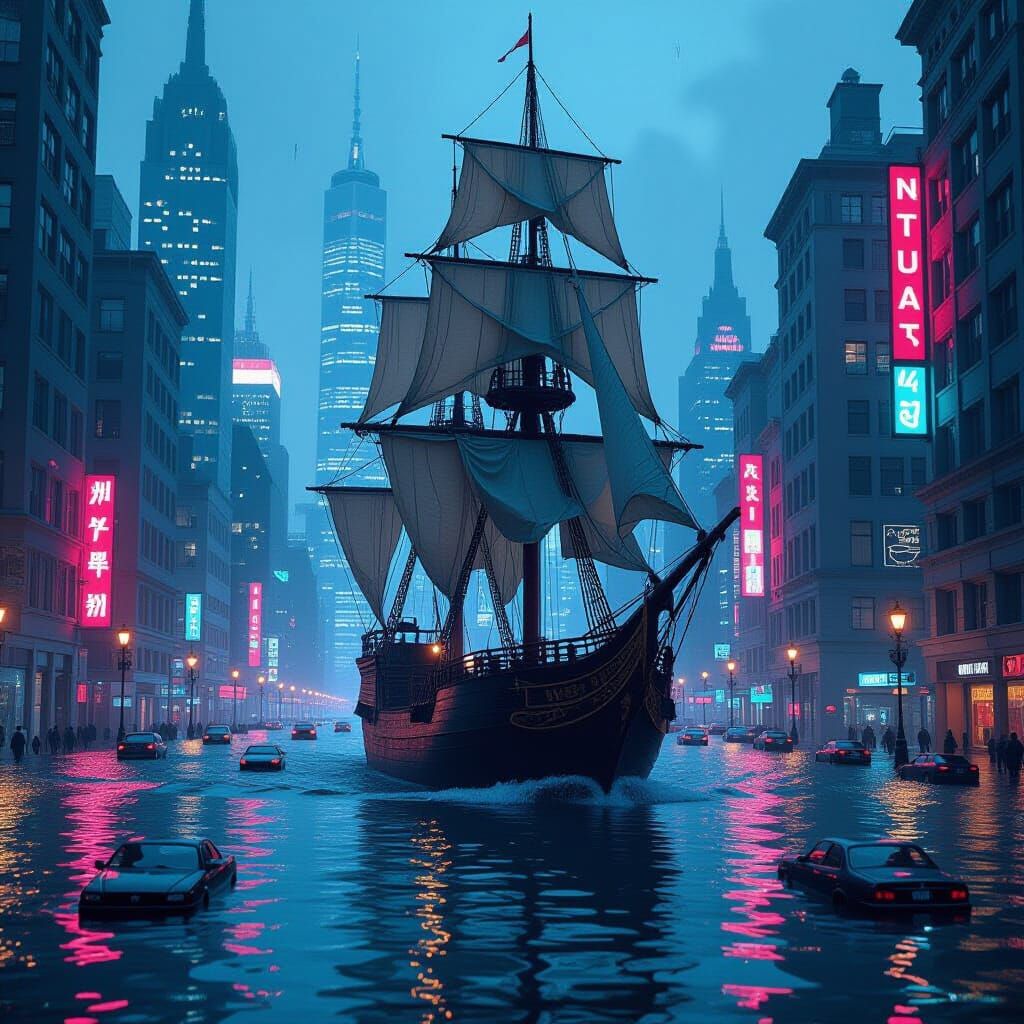 Sailing Ship Navigates Flooded Metropolis in Urban Fantasy S...