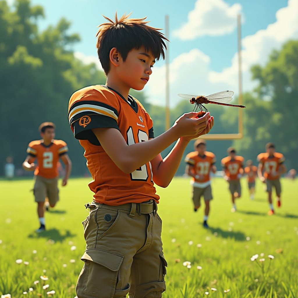 Athlete Holds Dragonfly in a Lush Field: Whimsical Art