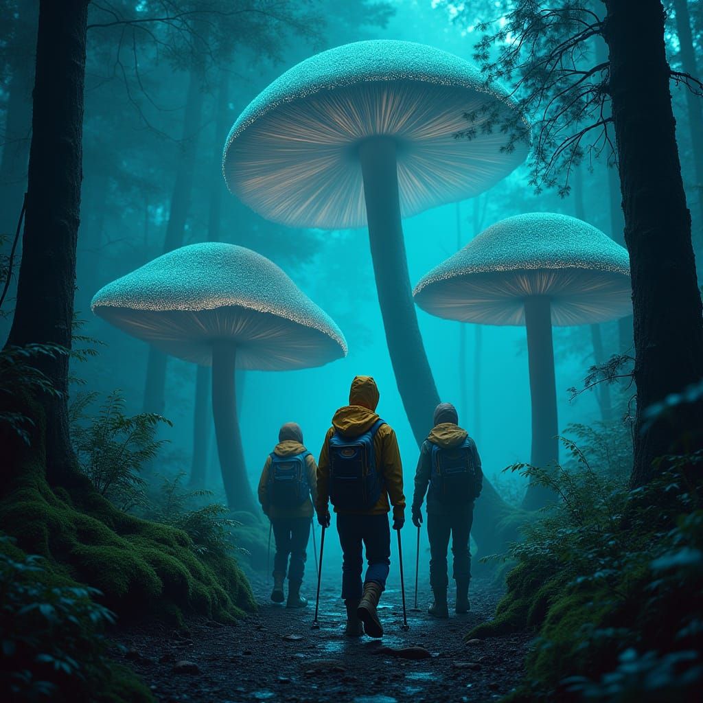 Hikers Bask in Ethereal Glow of Glowing Mushrooms