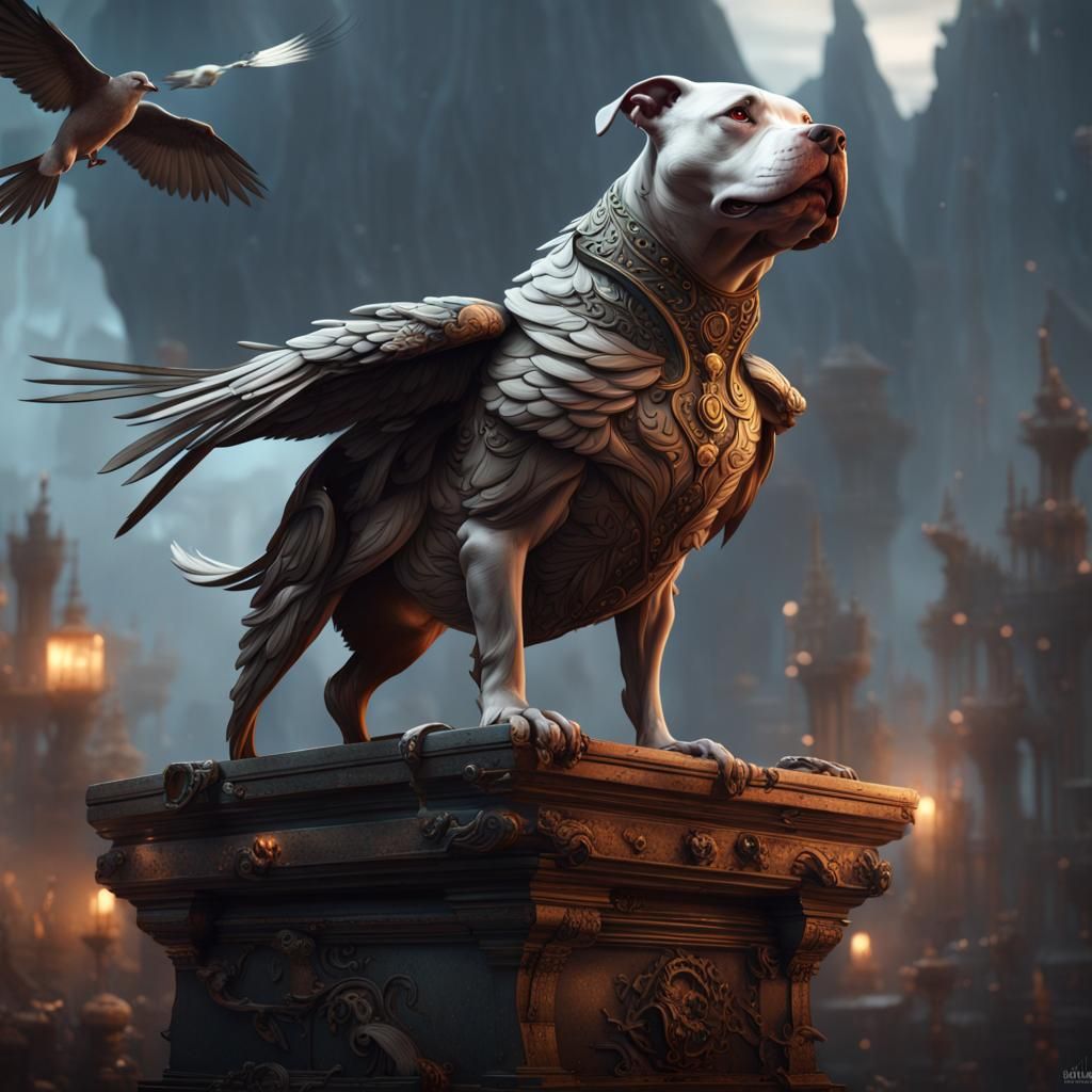 Pitbull and Bird in Detailed Fantasy Art
