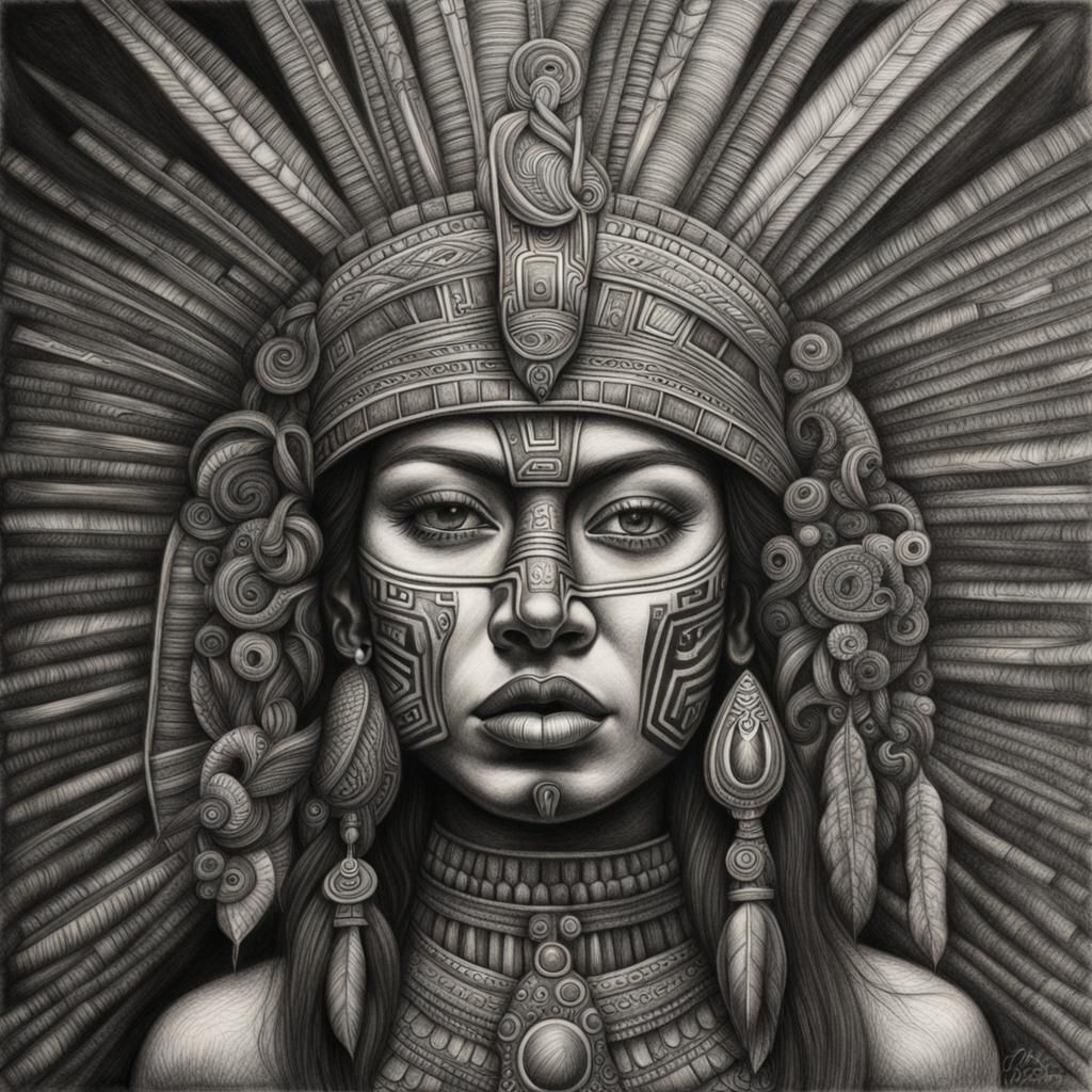 Hyperdetailed Charcoal Drawing of Azteca
