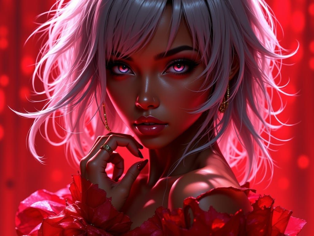 Seductive Woman with Grey-Pink Hair in Red Gown