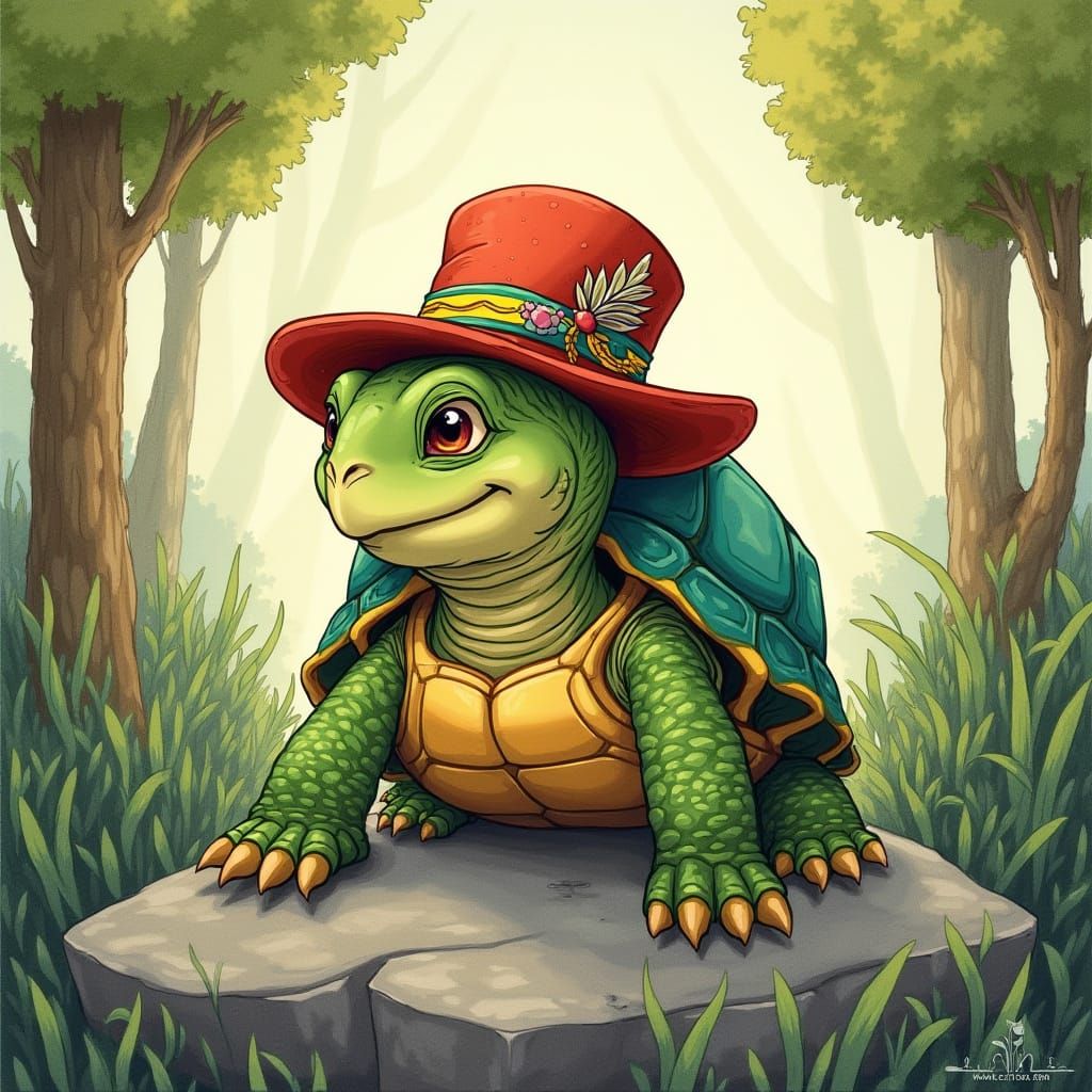 Turtle in Fedora Hat in Whimsical Forest