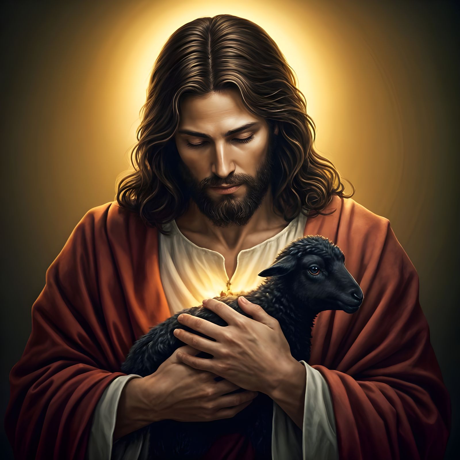 Jesus Holding a Black Lamb in a Mysterious, Ink-Heavy Style
