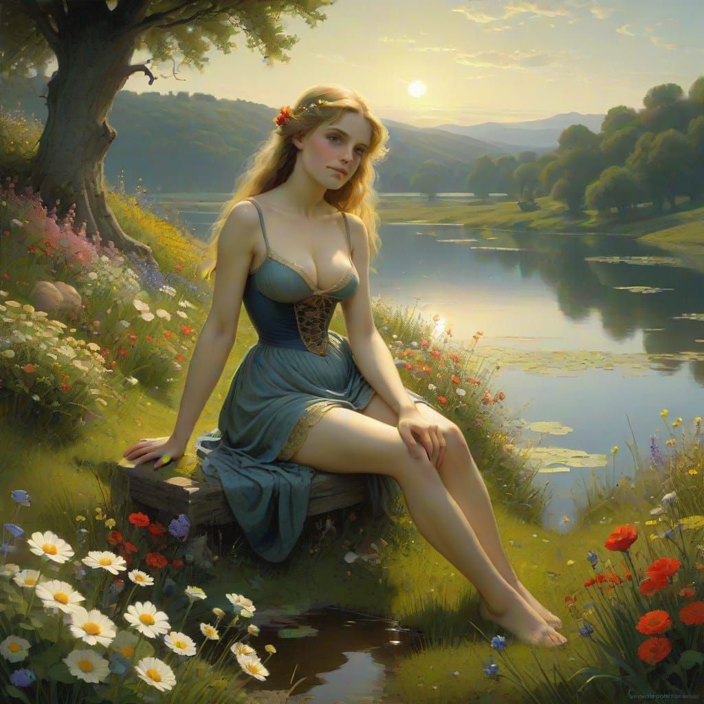 Woman in Meadow with Flowers, Soft Light