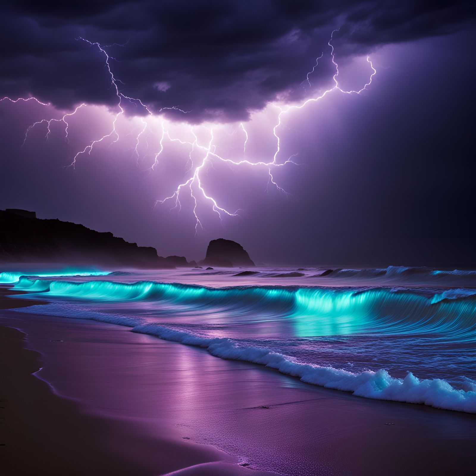 Bioluminescent Waves Under Thunderstorm Sky