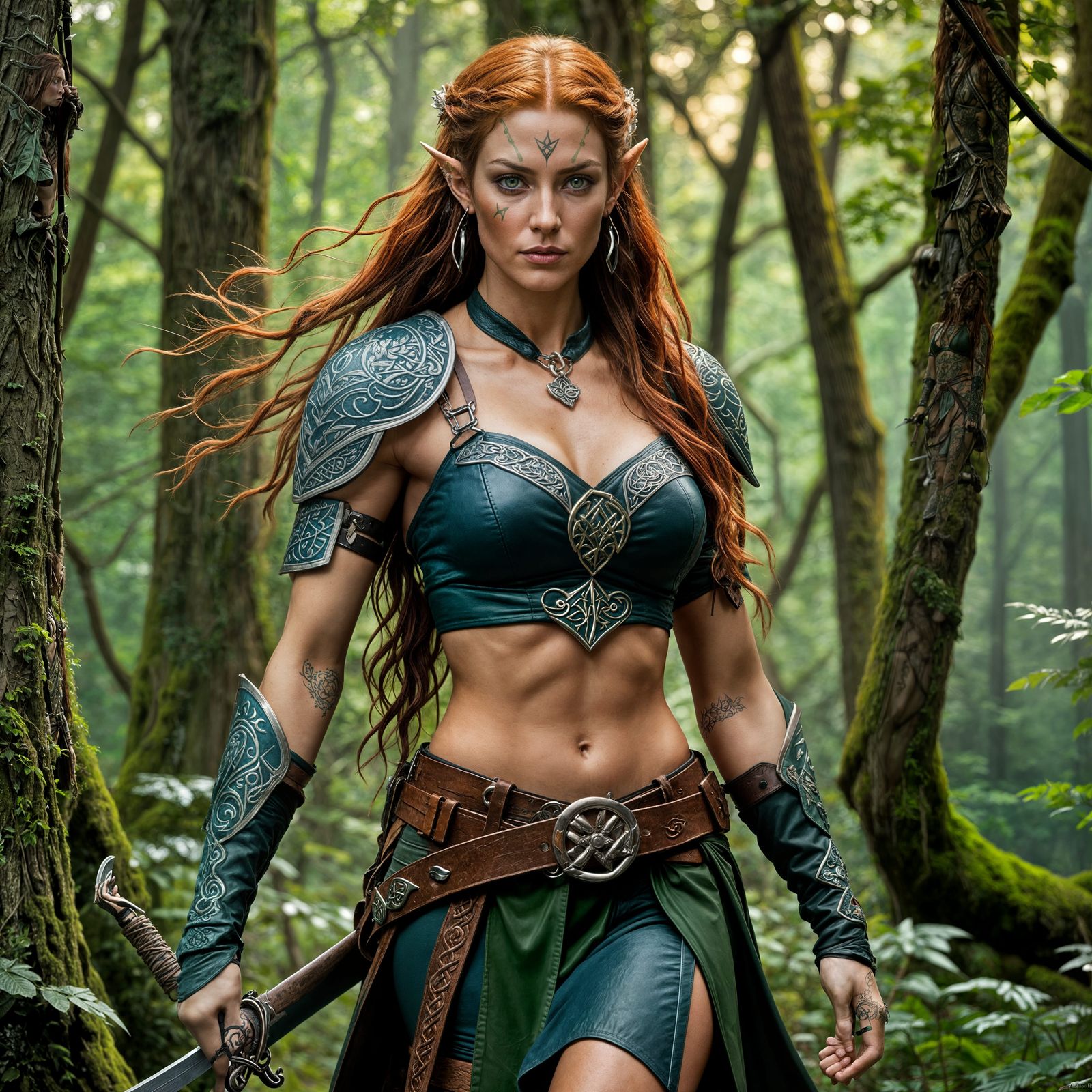 Tall proud wood elf, female, athletic body, long red hair, g...