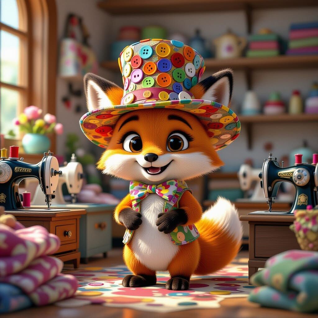 Pixar-Style Fox in Button Hat at Whimsical Haberdashery