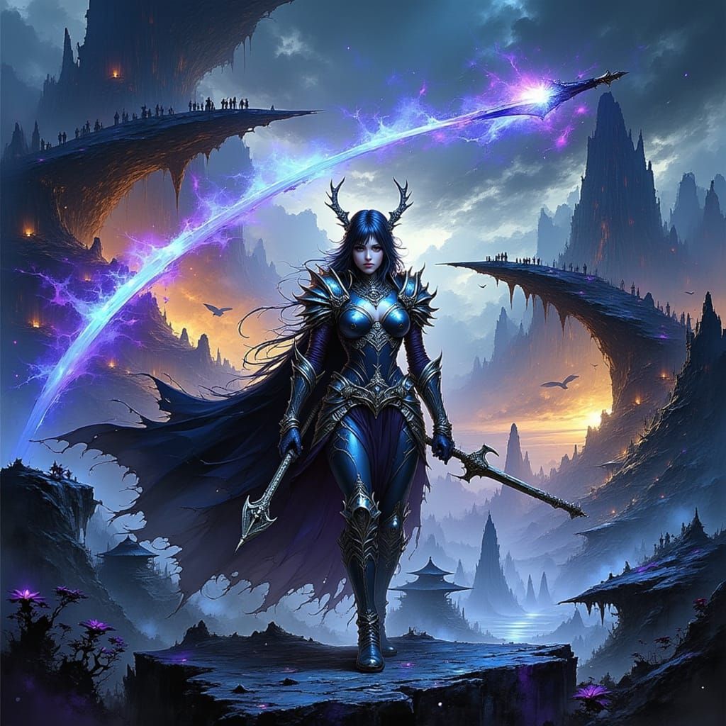 Gothic Armored Goddess Victorious in Epic Landscape