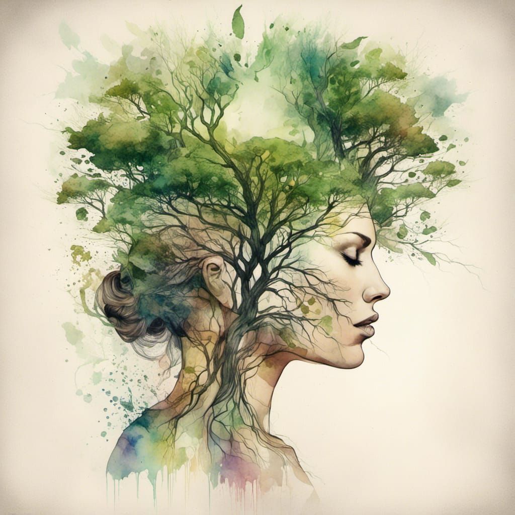 Double Exposure Woman with Tree, Watercolor Style