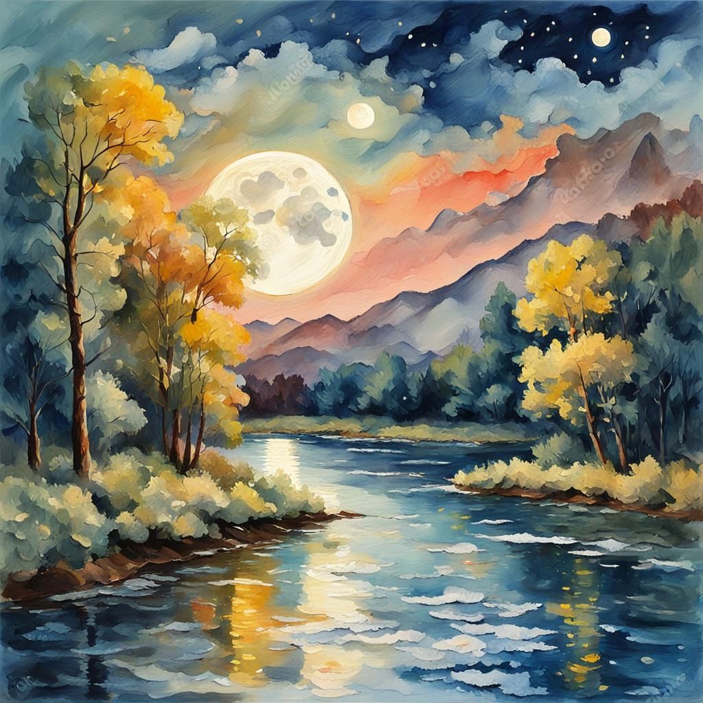 Moon River in Gouache and Watercolor Style
