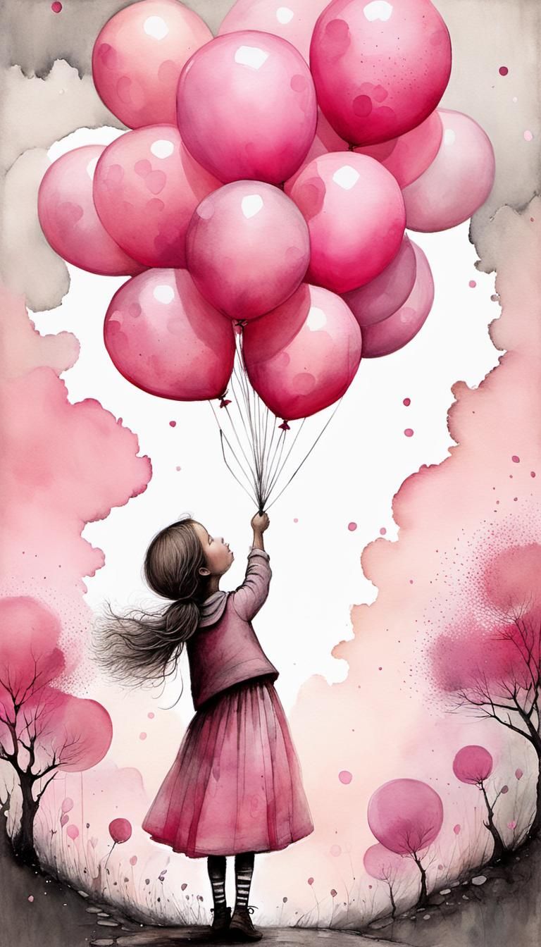 Pink Balloons: Whimsical Children's Book Illustration