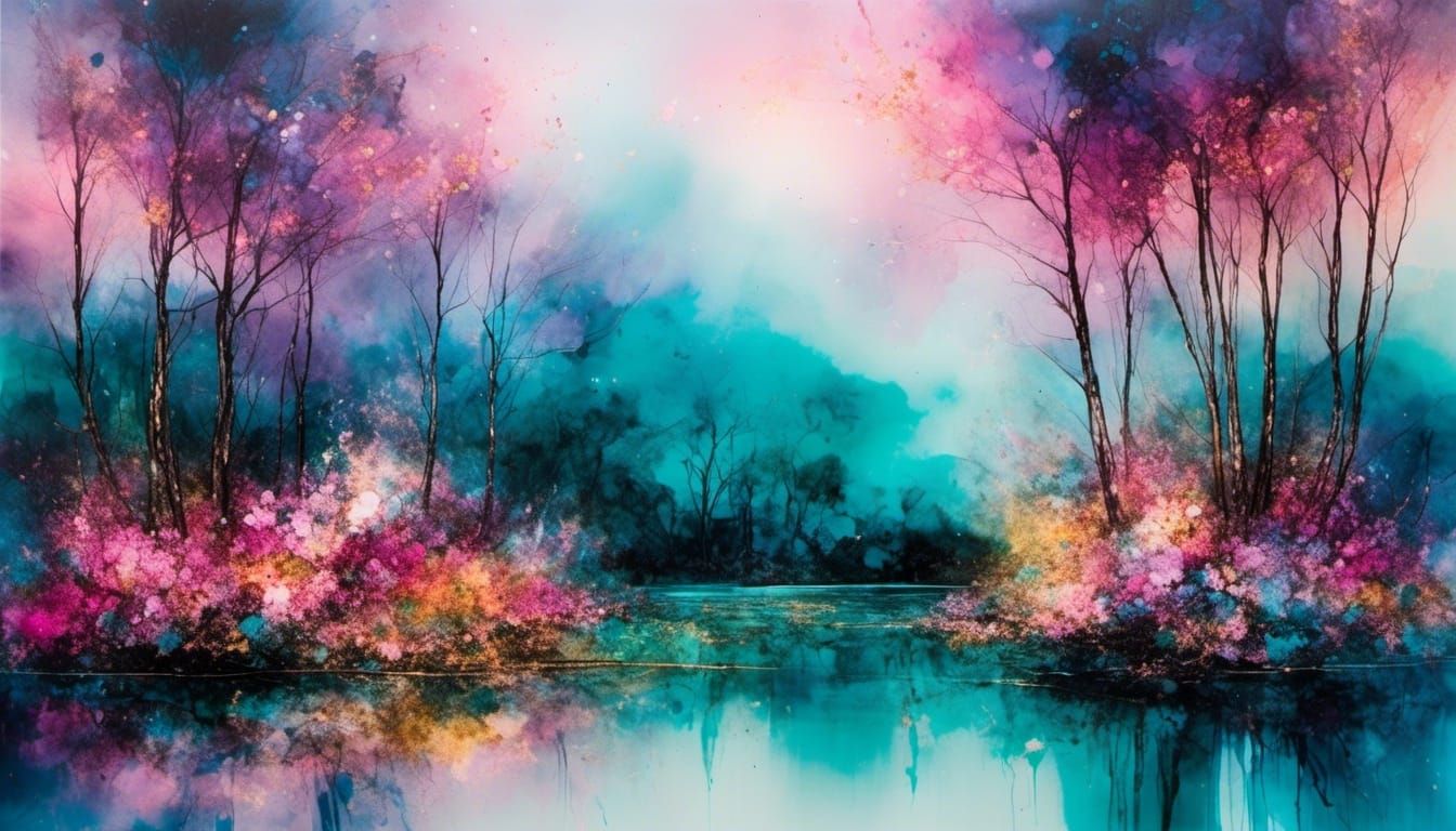 Mountain Lake Flowers in Alcohol Ink Style