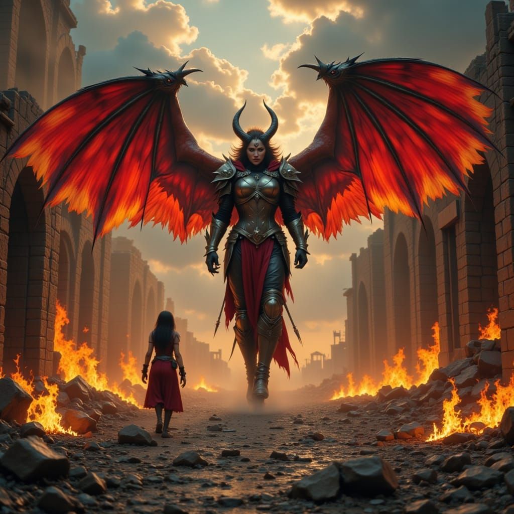 a winged demon amid burning ruins,
