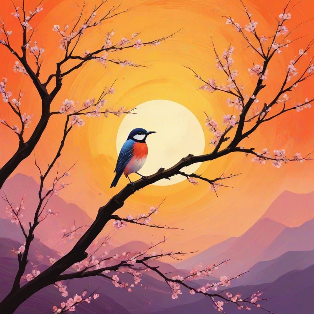 Surreal Blossom Tree Amidst Vibrant Sunset