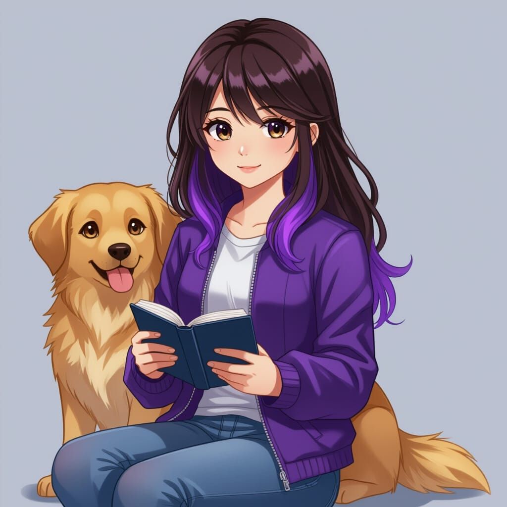 Anime Girl with Golden Retriever Reading and Gaming