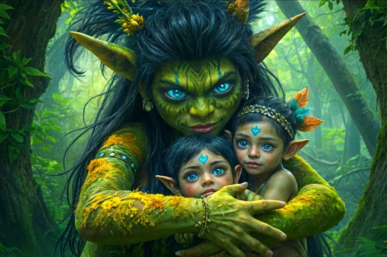 Moss Troll Embraces Children in Jungle Digital Painting