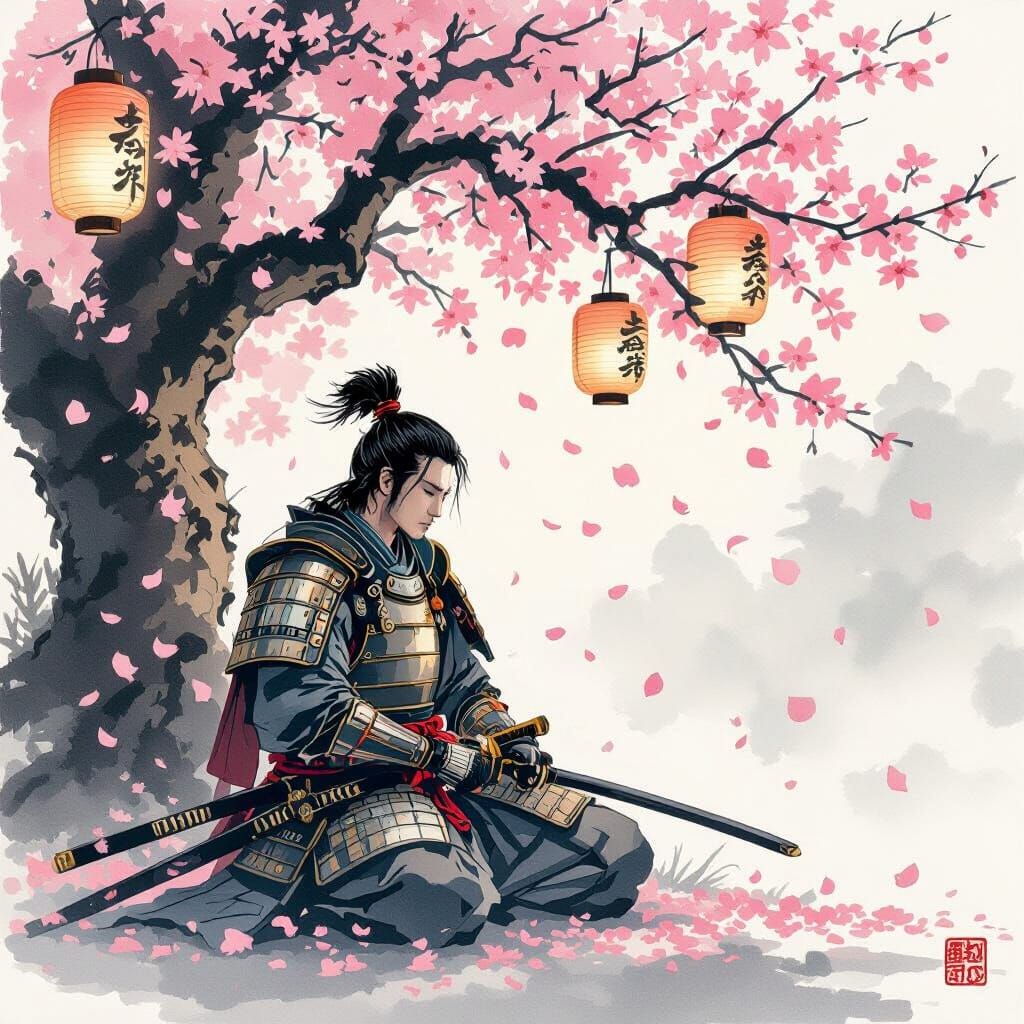 Samurai Contemplation Under Cherry Blossoms: Ink Wash