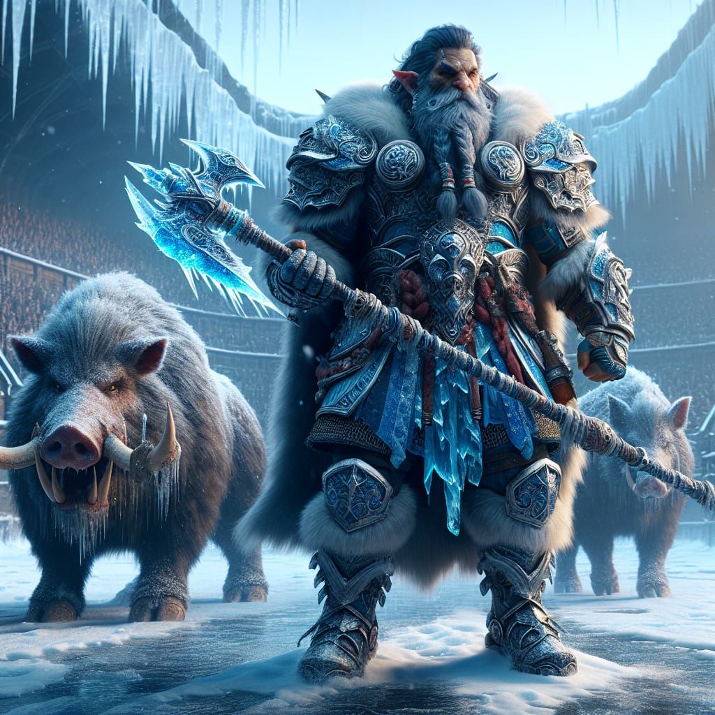 Fierce War Dwarf and Boar in Icy Arena