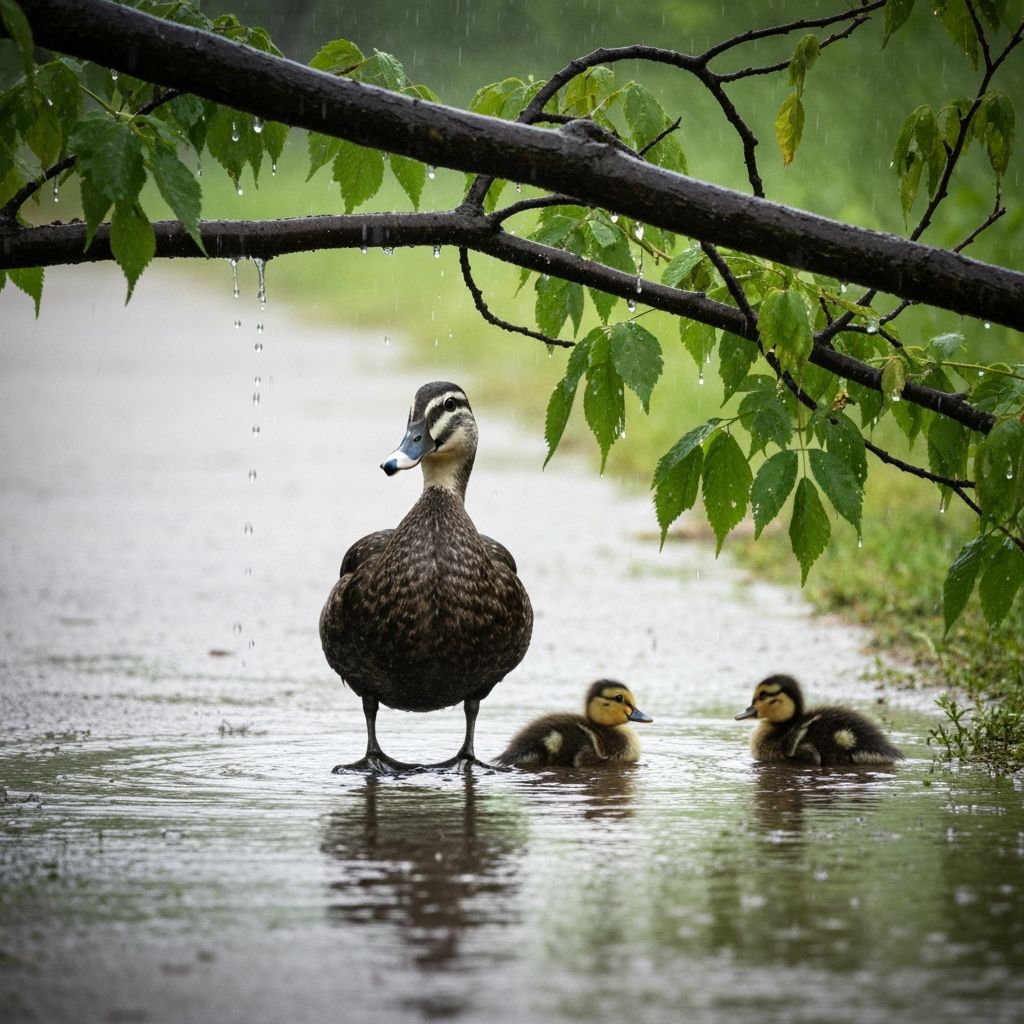 Duck and Ducklings in Rainstorm