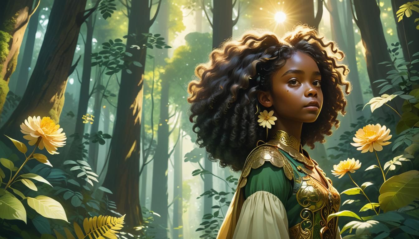 Young Girl's Forest Flower Discovery: Fantasy Concept Art