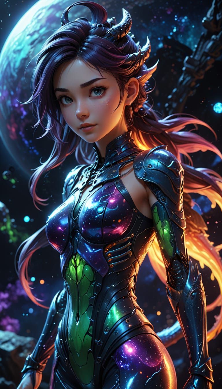 Surreal Anime Dragon Girl in Cosmic Scene