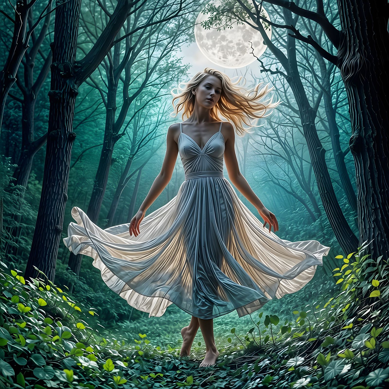 Forest Spirit Dancing Under Full Moon in Colorful Abstractio...