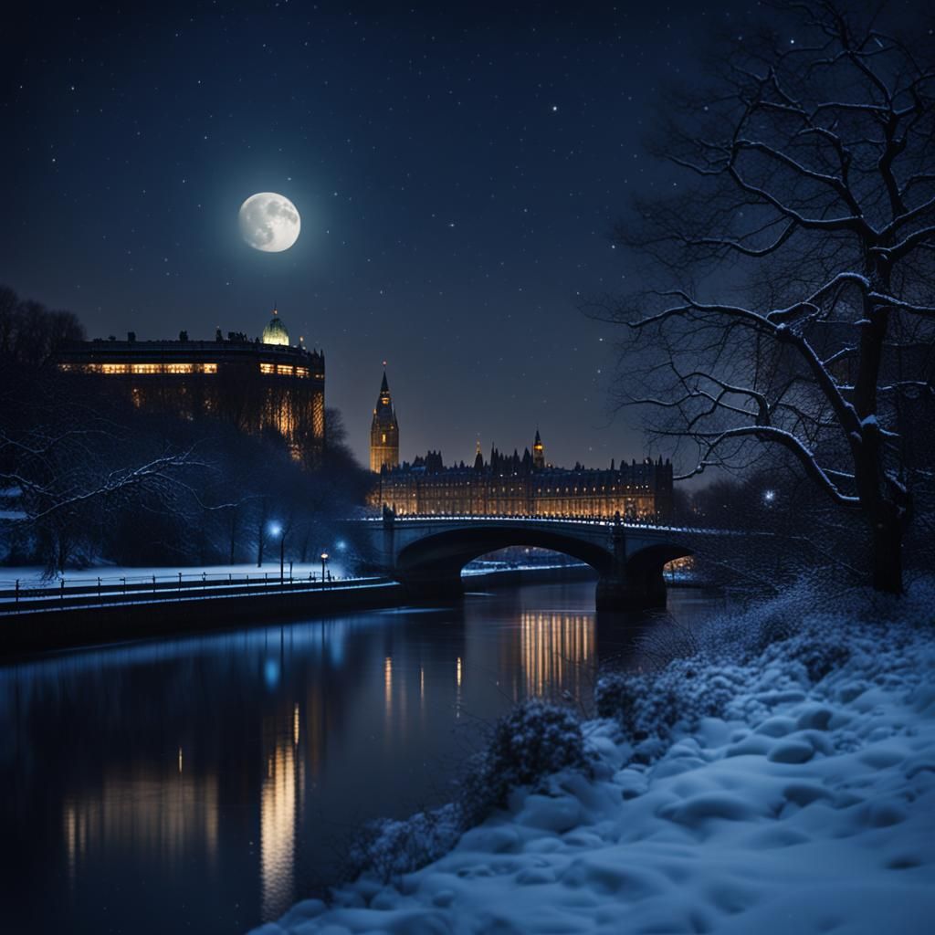 Peaceful Snowy Night in London with Crescent Moon