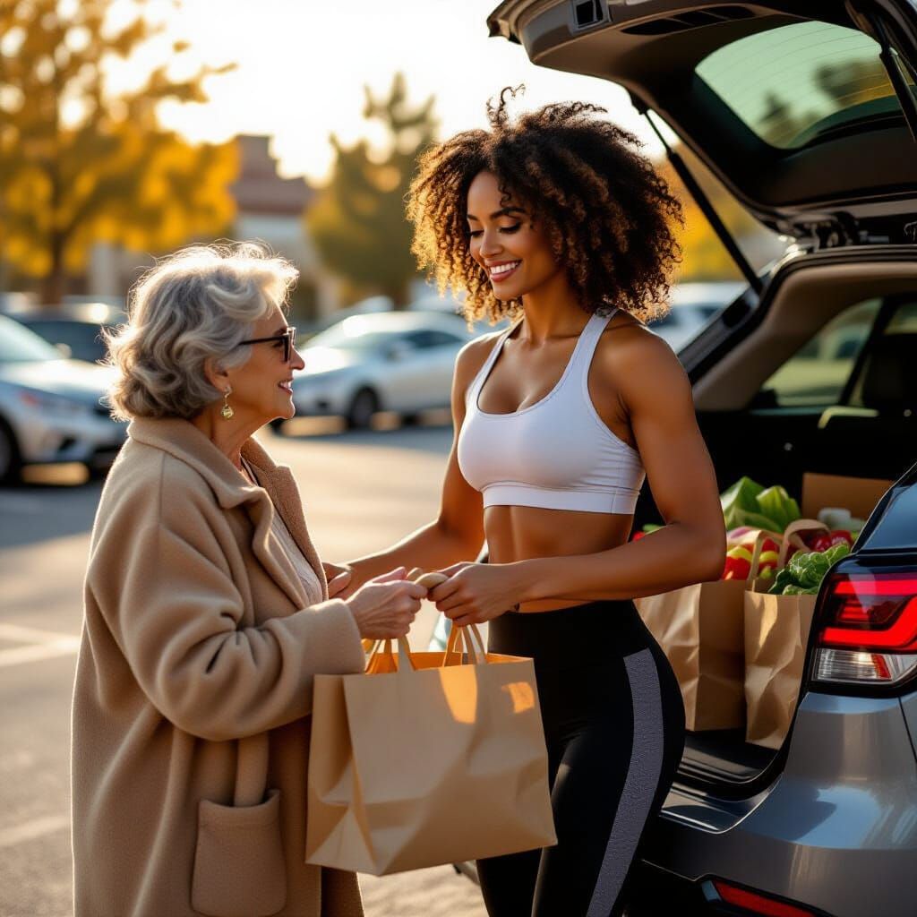 Muscular Woman Helps Elderly Woman Load Groceries