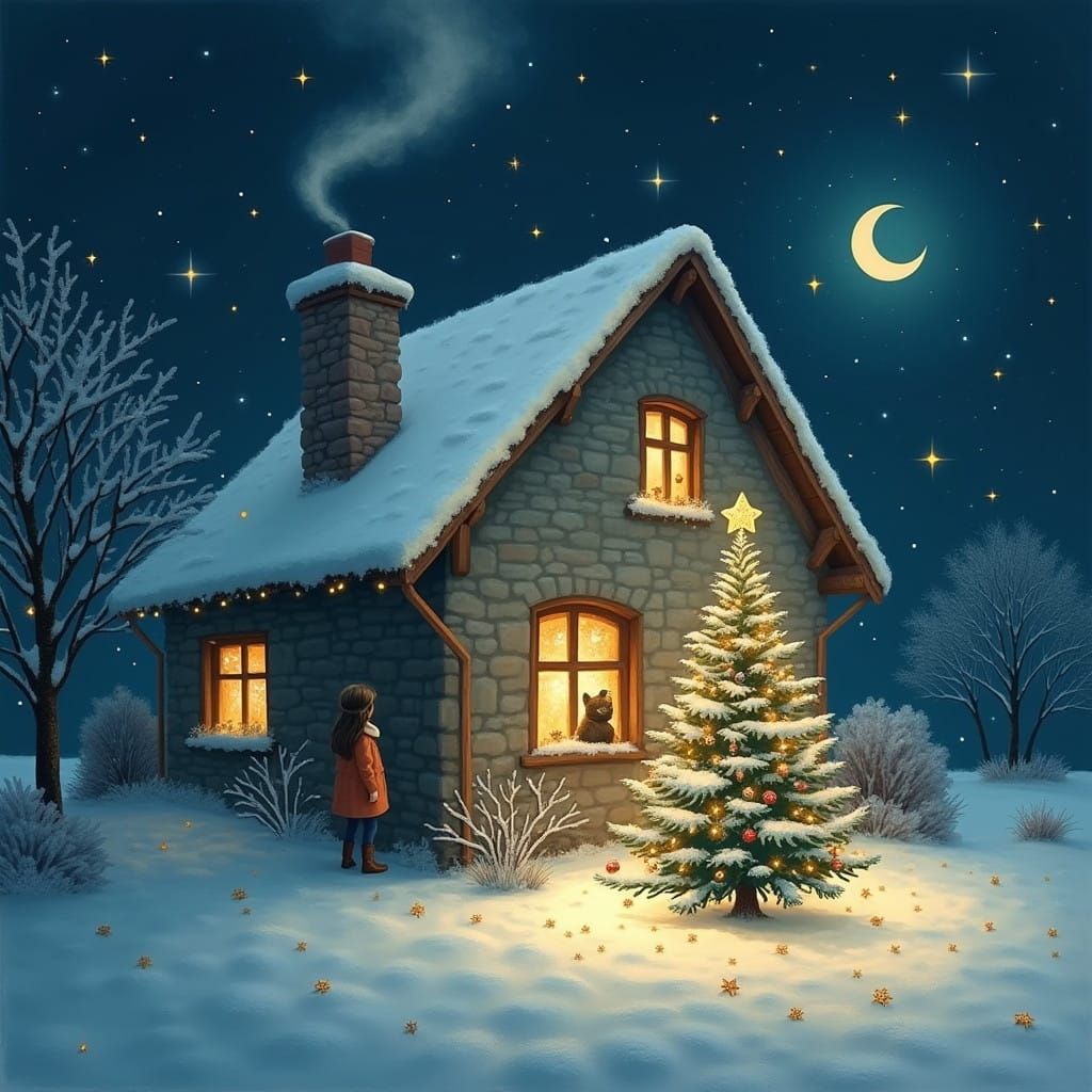 Serene Winter Scene in a Rich Indigo Night Sky with a Cozy C...