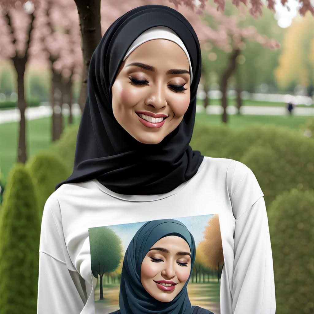 Hijabi Woman Smiling in Park with Closed Eyes