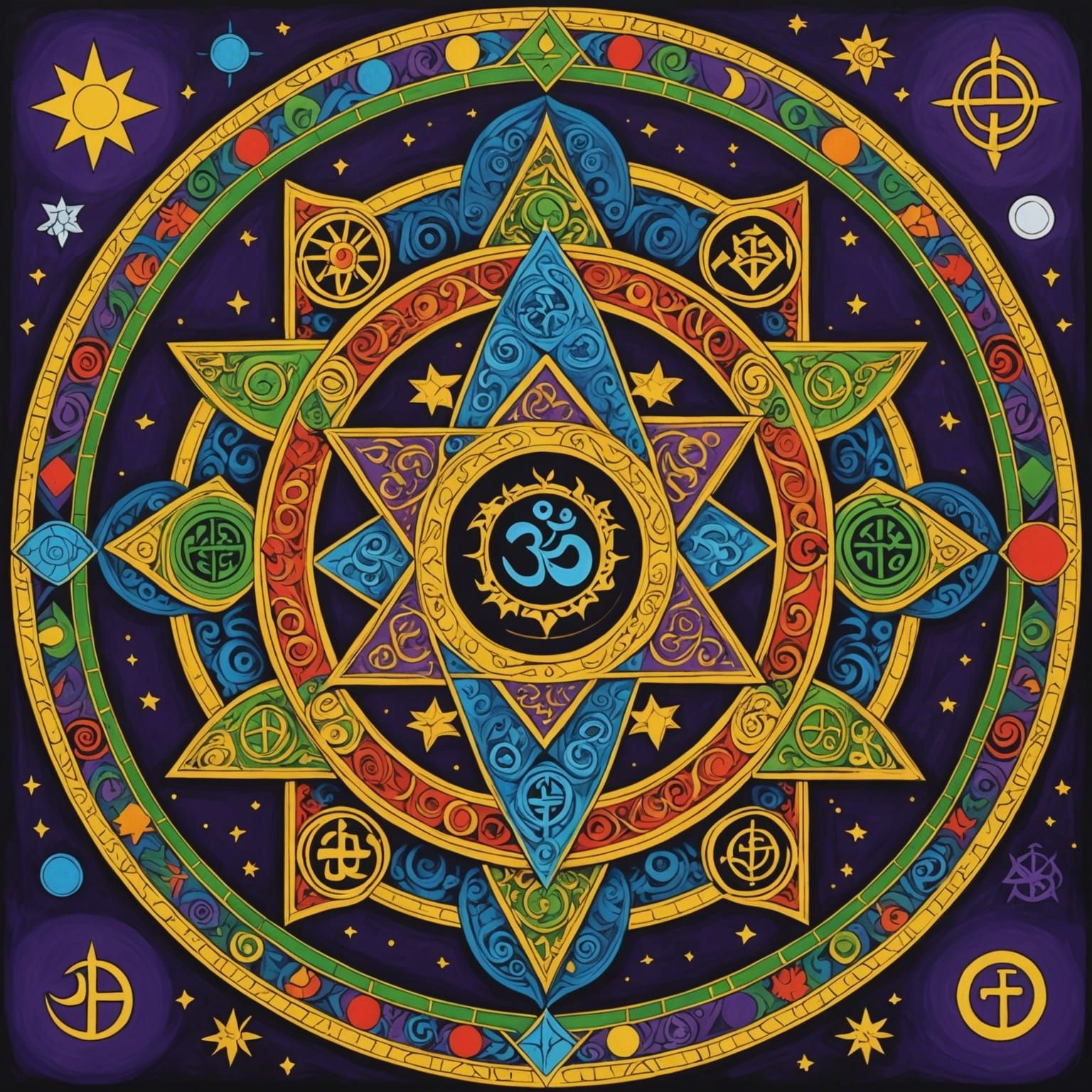 Religious Symbols Fusion: Cross, Om, Star, Yin-Yang