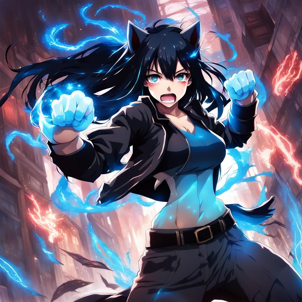 Enraged Beast Girl Unleashes Magic Punch in Anime Style
