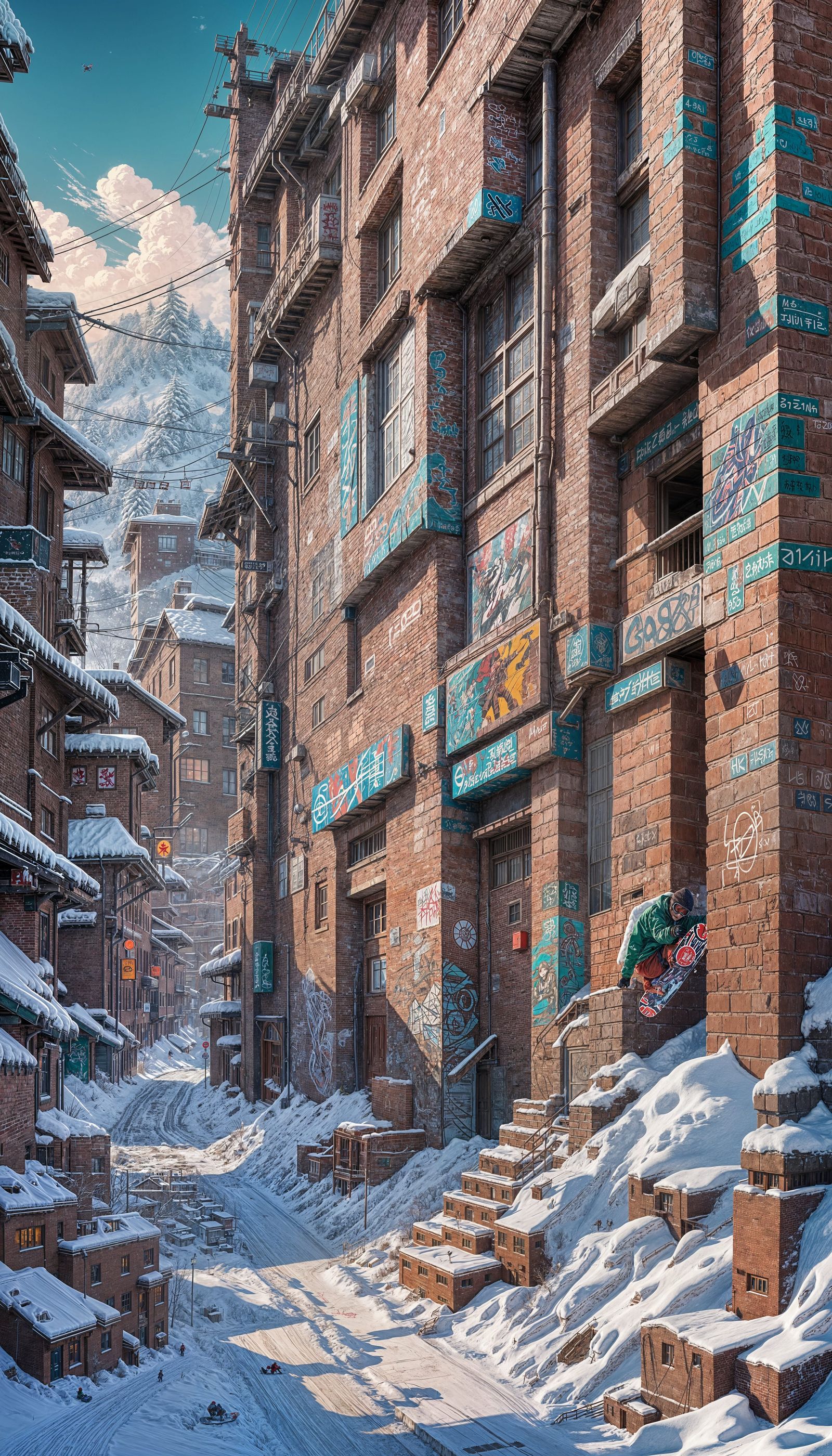 Snowboarding Graffiti on Red Brick Wall in Anime Style
