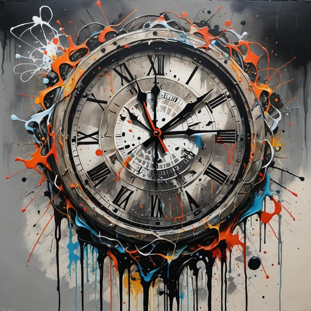 Colorful Melting Clock Graffiti Art in Polychromatic Style