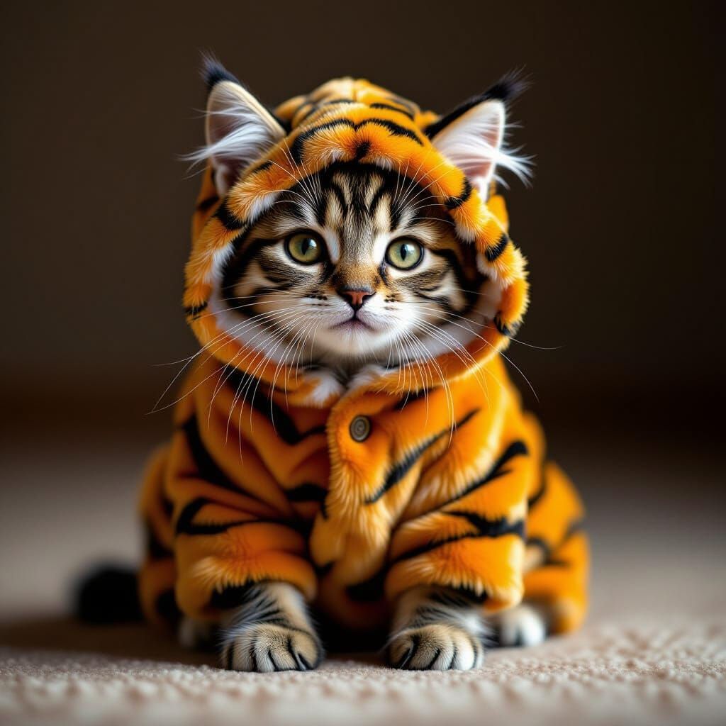 Tiny Cat Dressed as Tiger, Photorealistic 8K