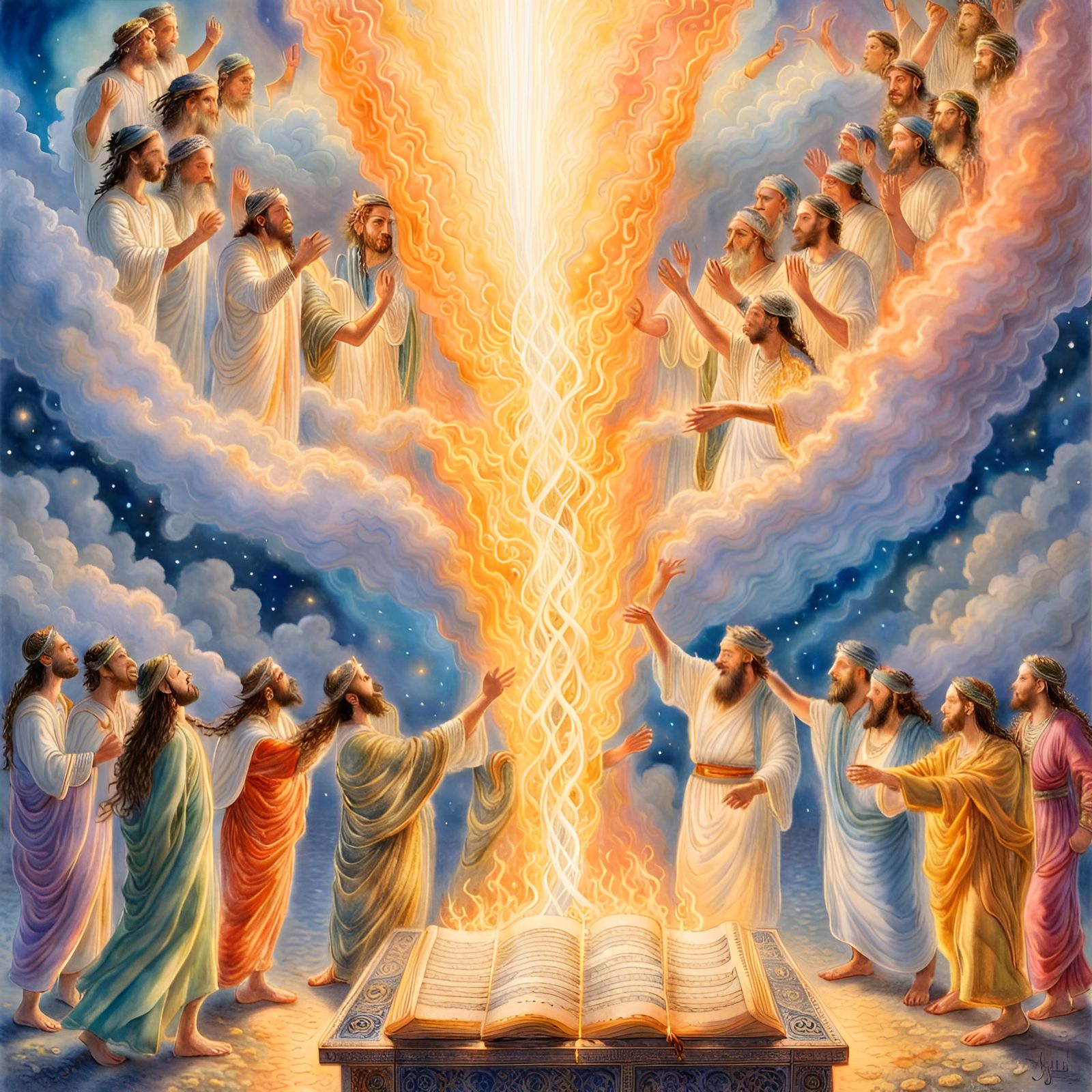 22 Glowing Hebrew letters that are set aflame pouring out of a torah scroll. Fantastical, heavenly, light emanating from...