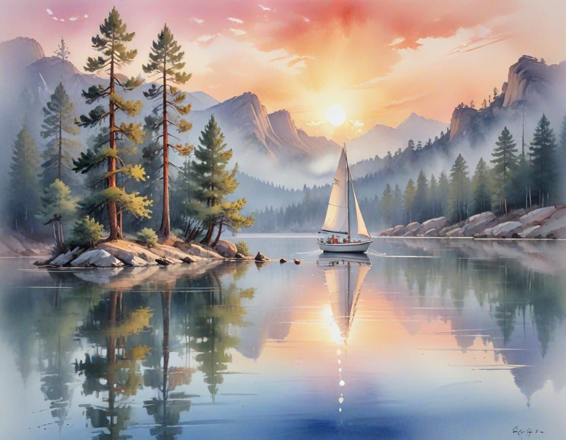 Sailing Boat on Serene Lake at Sunset in Watercolour