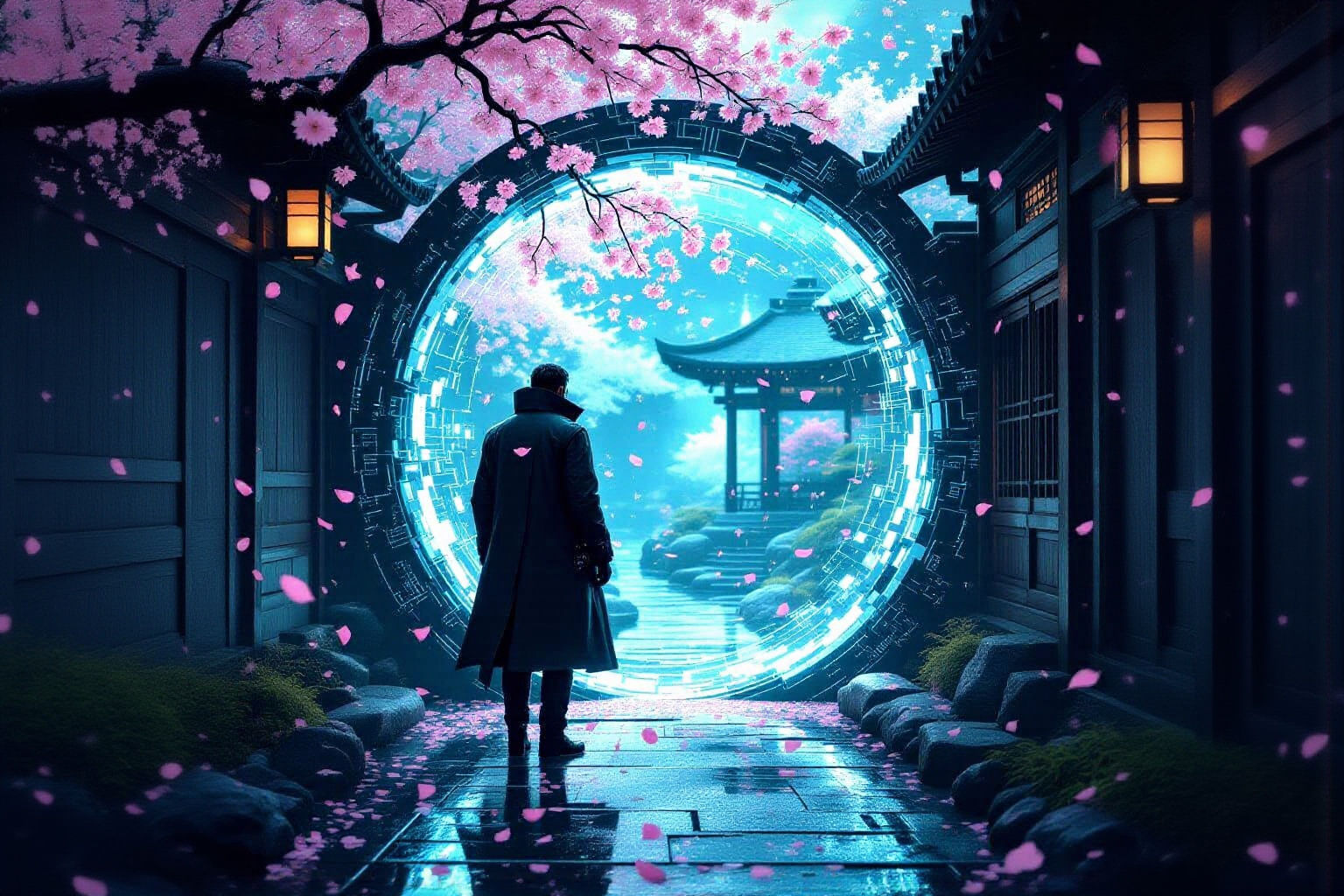 Cyberpunk Detective Emerges From Portal Into Zen Garden