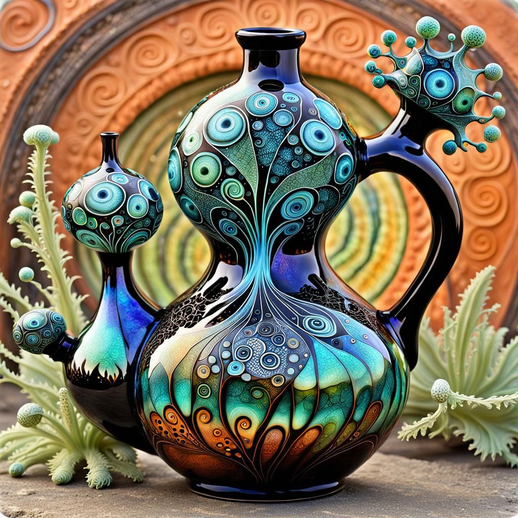 Intricate Terracotta Jug with Aliens in Professional Photo