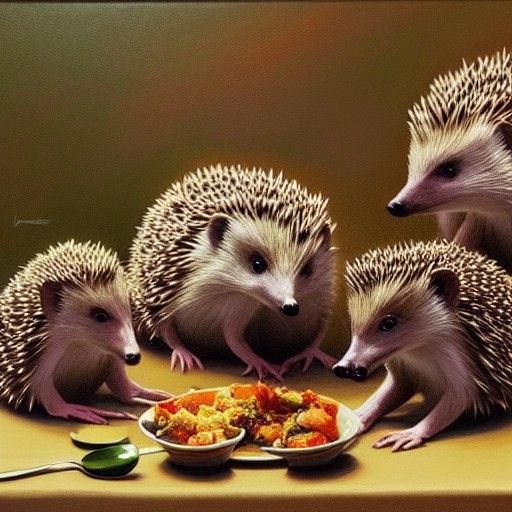 Hedgehog Family Dinner in Oil Painting Style