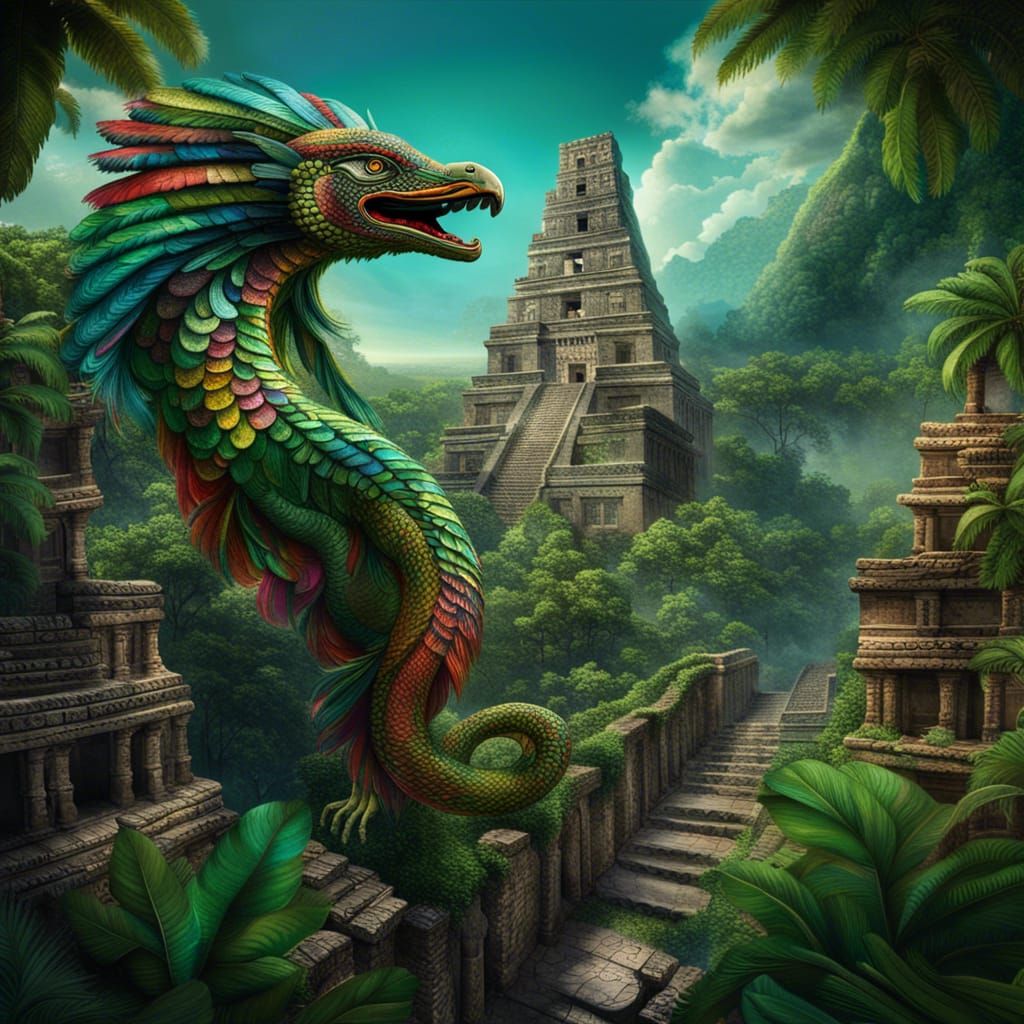 The feathered serpent Quetzalcoatl flying over Mayan ruins