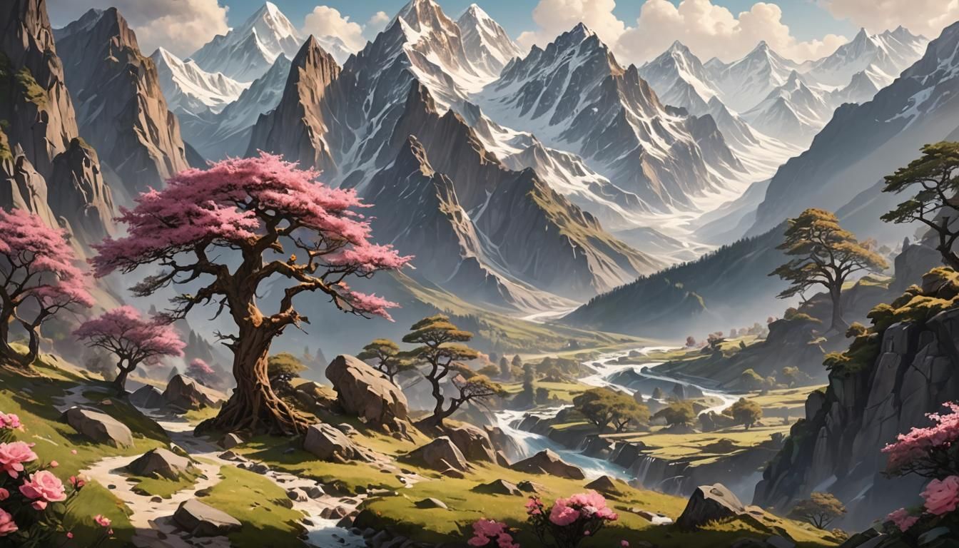 Majestic Mountain Lake at Sunset in Ancient Realm