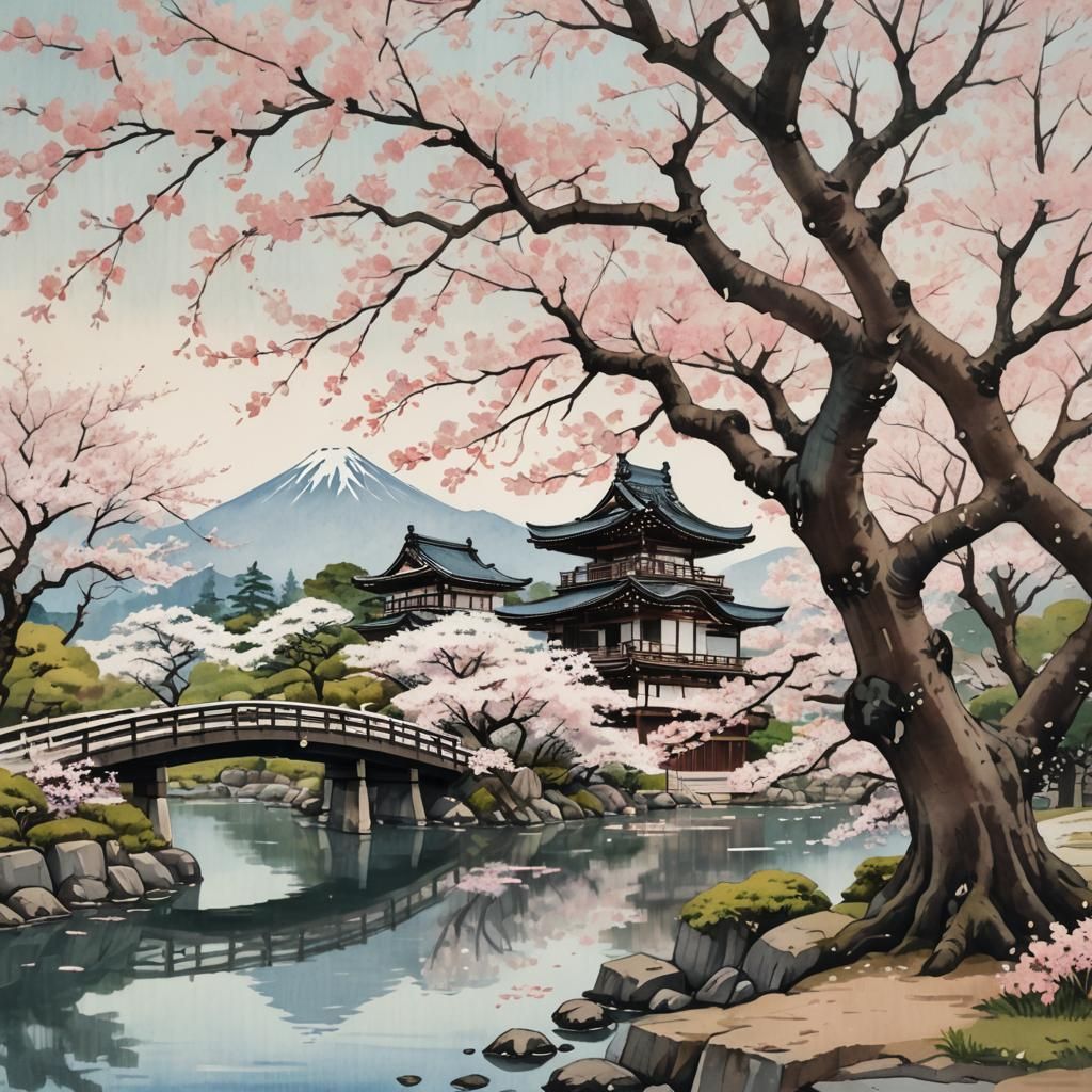Cherry Tree in Bloom: Traditional Japanese Ukiyo-e