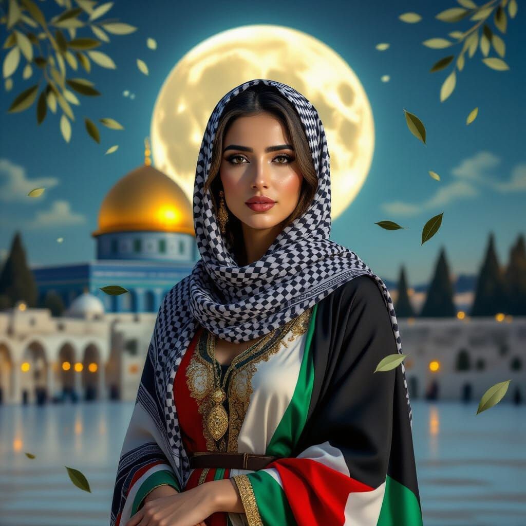 Palestinian Woman in Moonlight Before Dome of the Rock