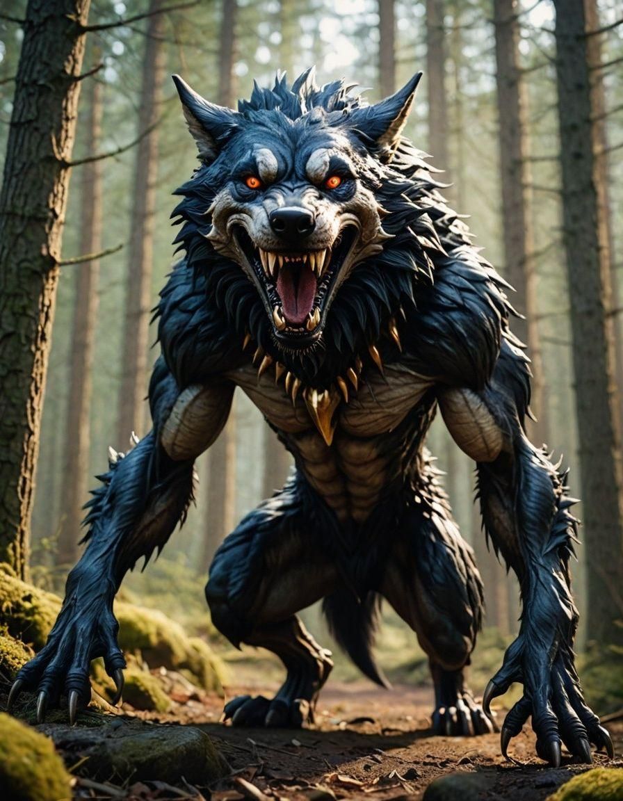 Excited Goblin-Wolf Hybrid with Glowing Orange Eyes