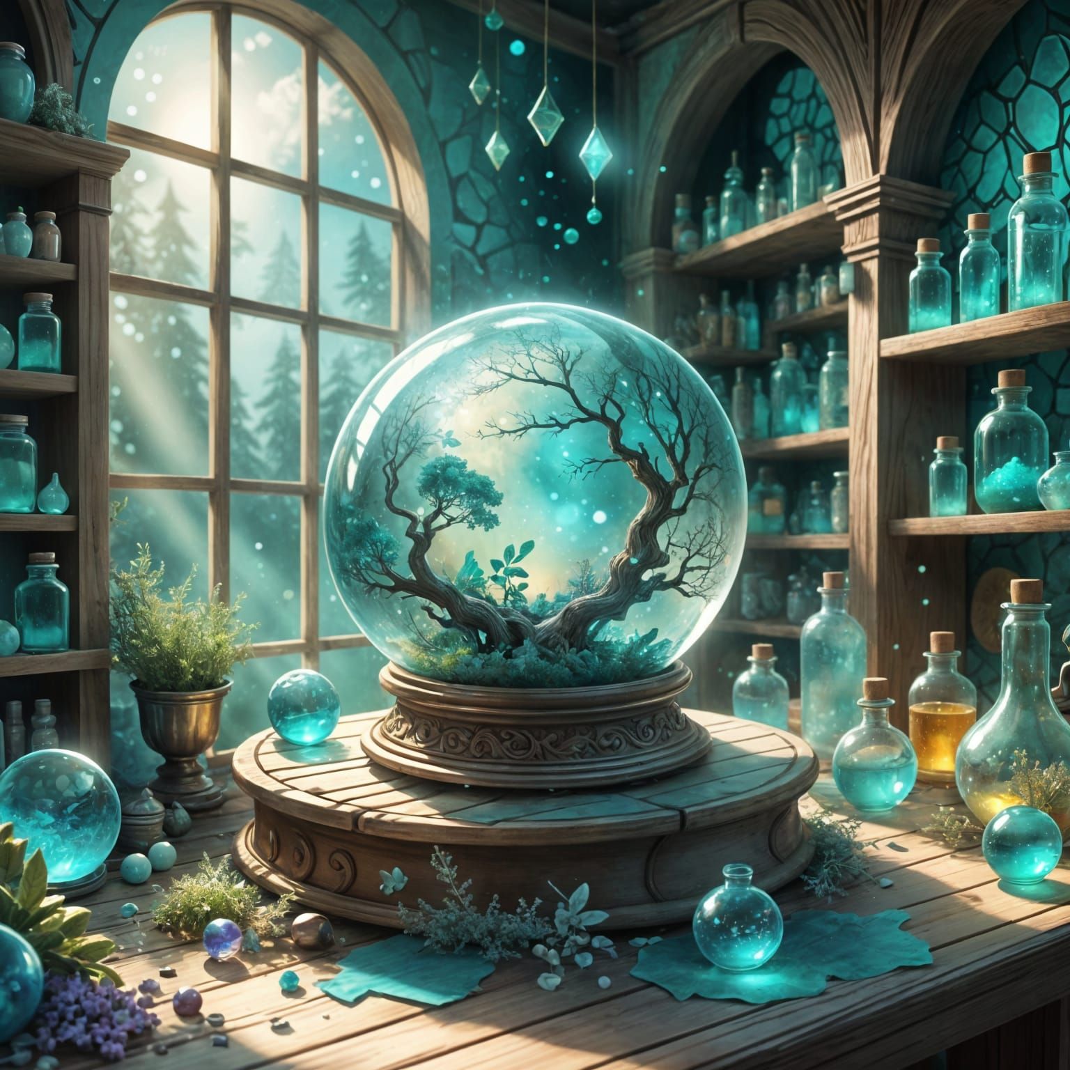 Turquoise Portal to an Enchanted Forest in a Mystical Shop