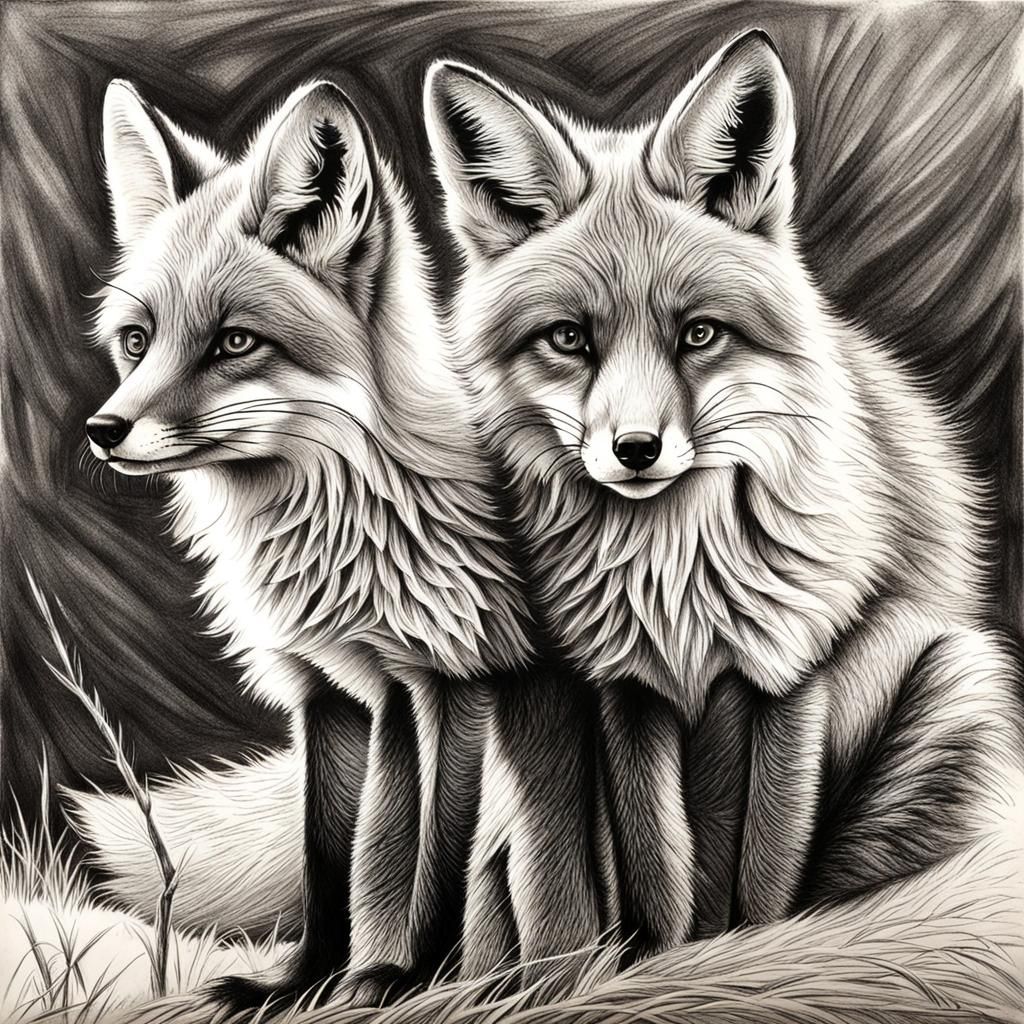 Hyperdetailed Charcoal Drawing of Foxes