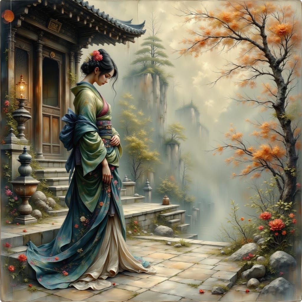 Sad Bride in Traditional Kimono at Shrine